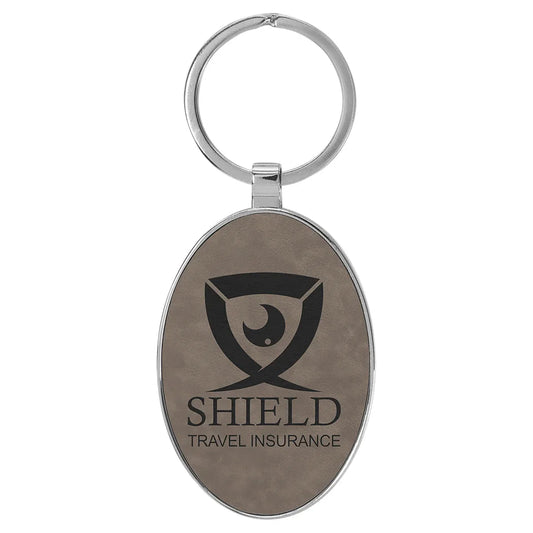 Gray 3" x 1 3/4" Laserable Leatherette/Metal Oval Keychain