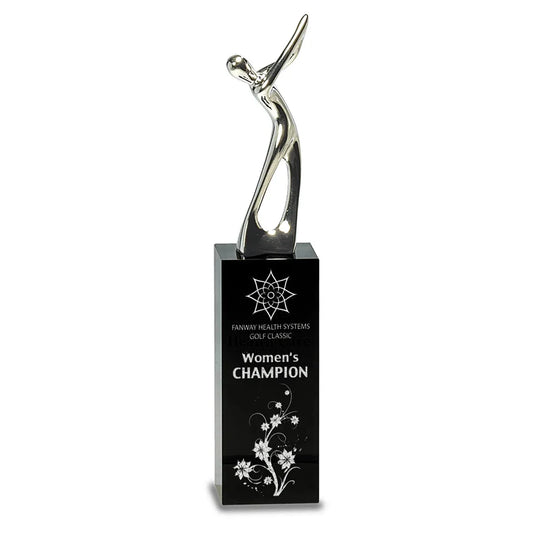 9 1/2" Silver Metal Golf Figure on Black Crystal Pedestal