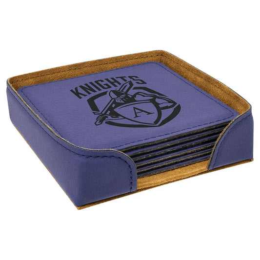 Purple 4" x 4" Square Laserable Leatherette 6-Coaster Set