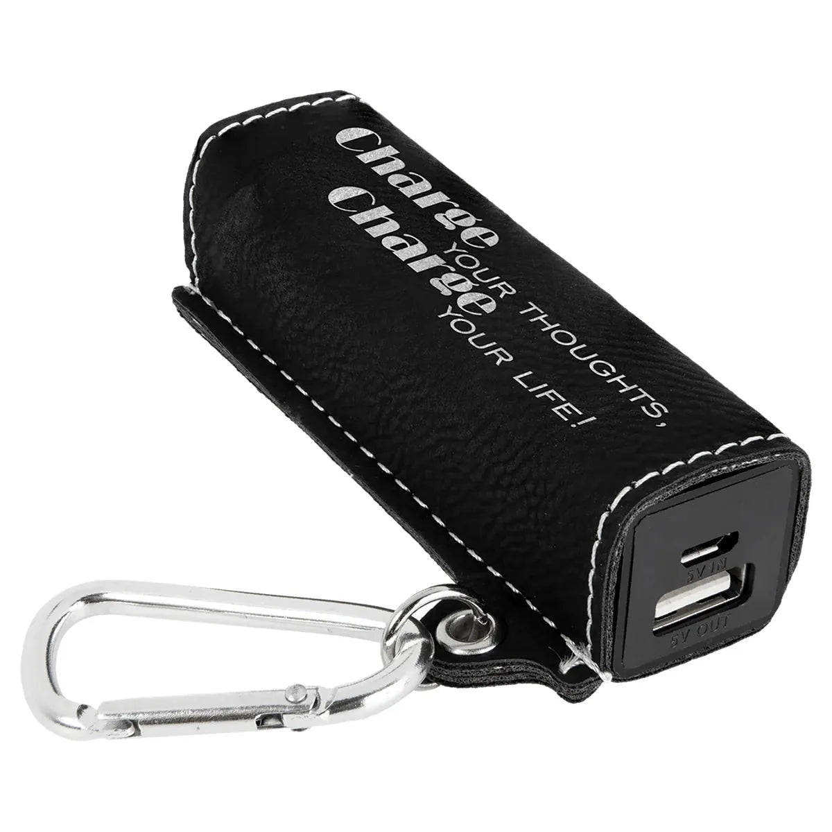 Black/Silver Laserable Leatherette 2200 mAh Power Bank with USB Cord