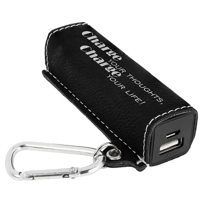 Black/Silver Laserable Leatherette 2200 mAh Power Bank with USB Cord
