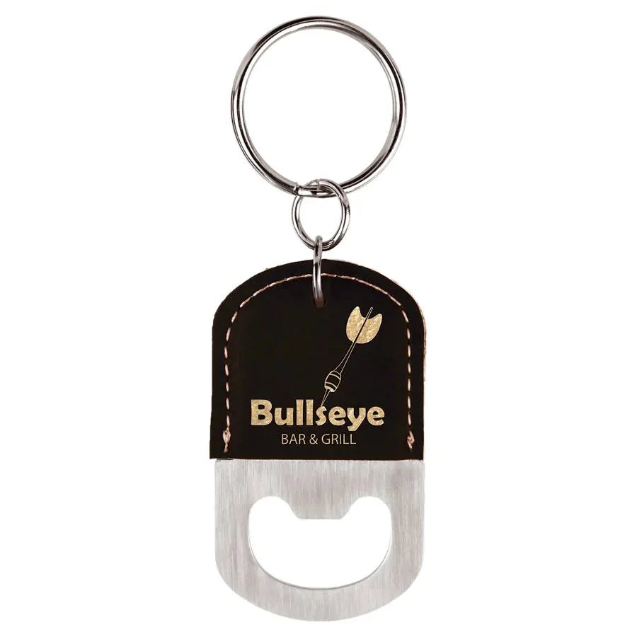 Black/Gold Oval Laserable Leatherette Bottle Opener Keychain