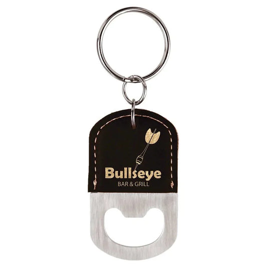 Black/Gold Oval Laserable Leatherette Bottle Opener Keychain