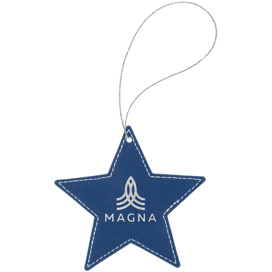 Blue/Silver Laserable Leatherette Star Ornament with Silver String