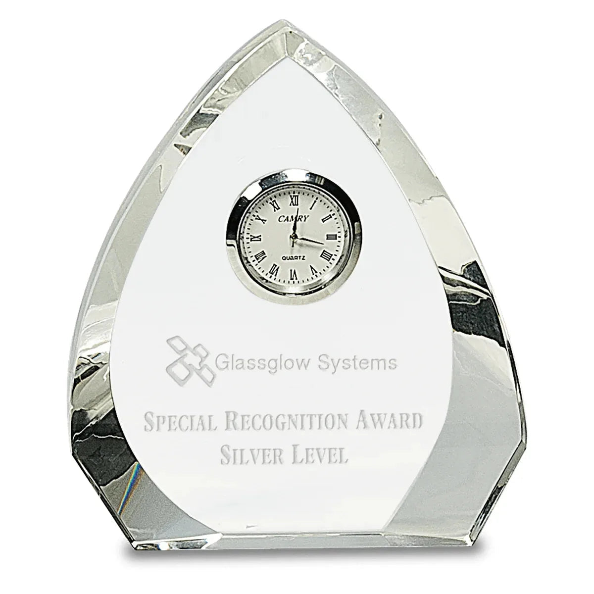 Custom Clear Crystal Arch with Clock (5 1/2") — Laser Engraved Crystal Award