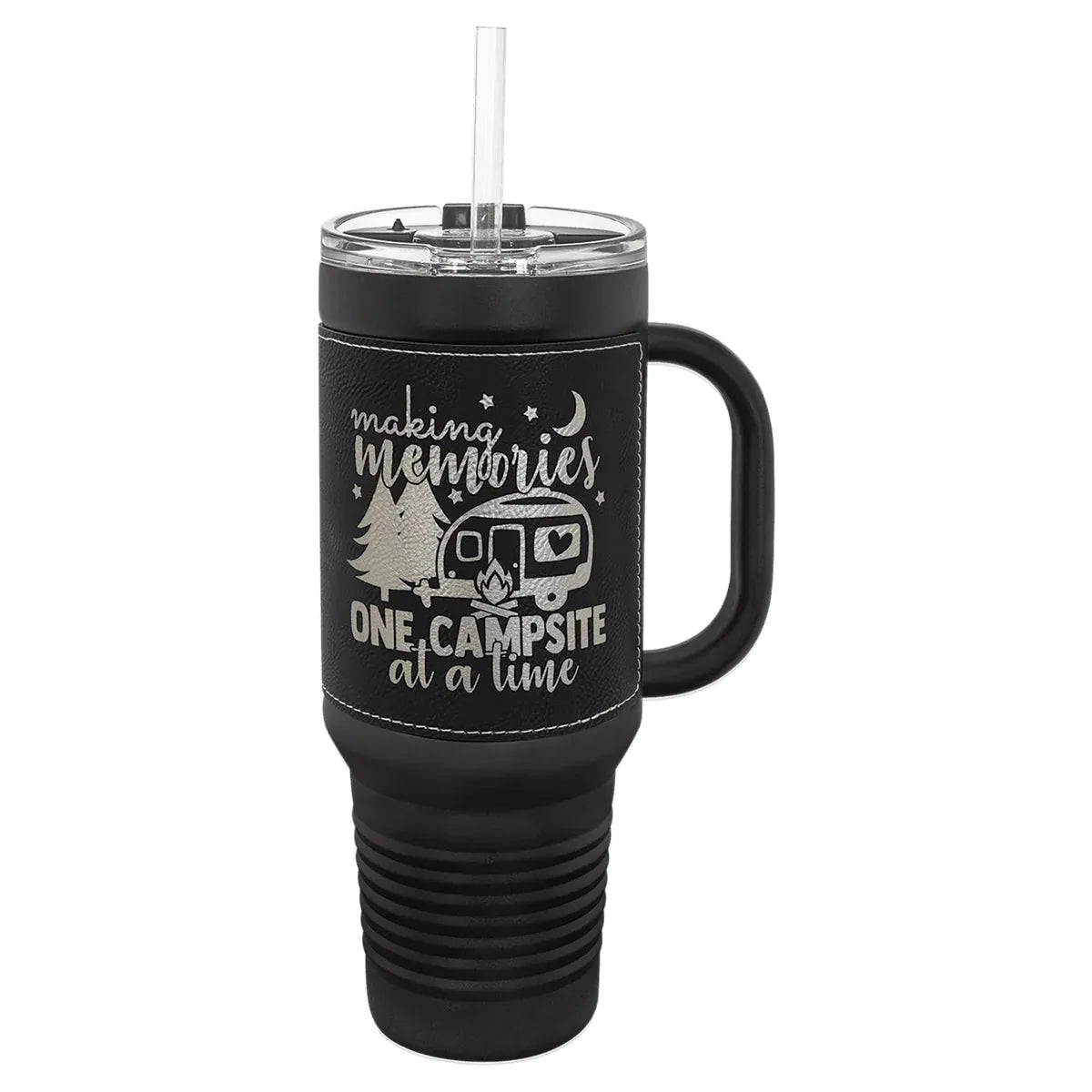 Black with Black/Silver Polar Camel 40 oz. Laserable Leatherette Travel Mug with a Handle & Straw
