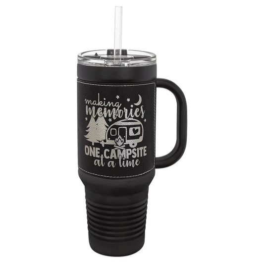 Black with Black/Silver Polar Camel 40 oz. Laserable Leatherette Travel Mug with a Handle & Straw