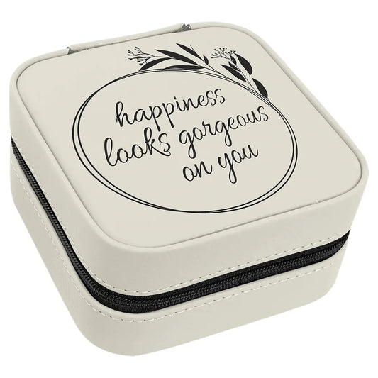 White/Black Laserable Leatherette Travel Jewelry Box with Black 4" X 4" Lining