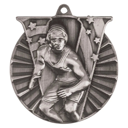 Antique Silver 2" Wrestling Victory Medal