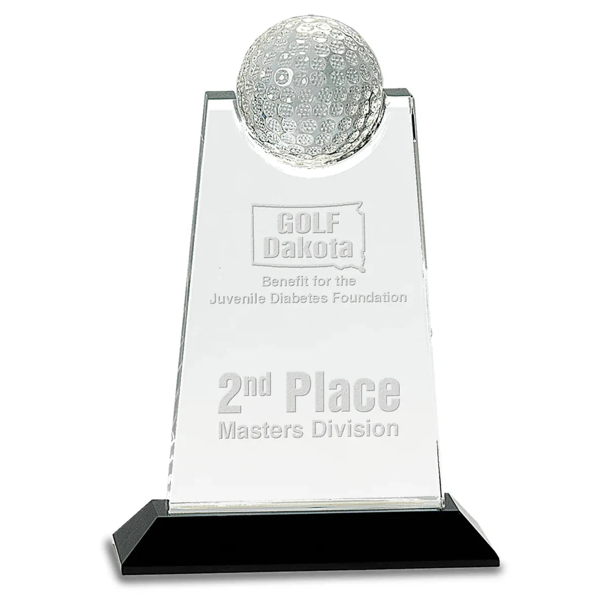 9" Clear Crystal Tablet with Inset Golf Ball on Black Pedestal Base
