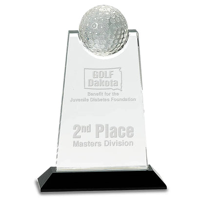9" Clear Crystal Tablet with Inset Golf Ball on Black Pedestal Base