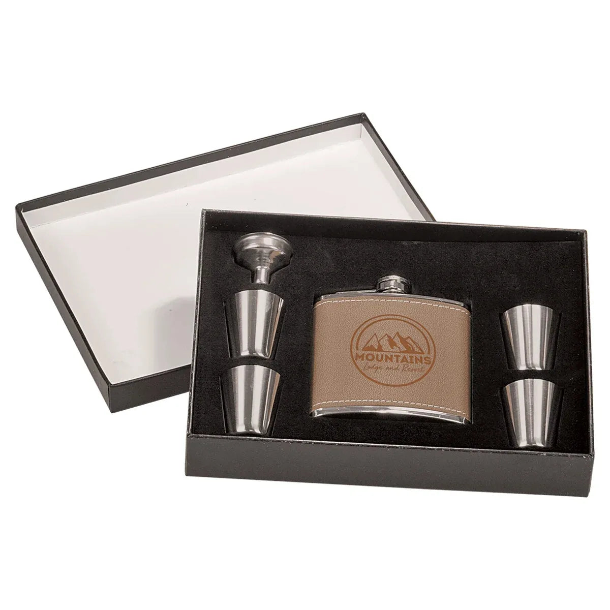 Black 6 oz. Leather Flask Set in Presentation Box