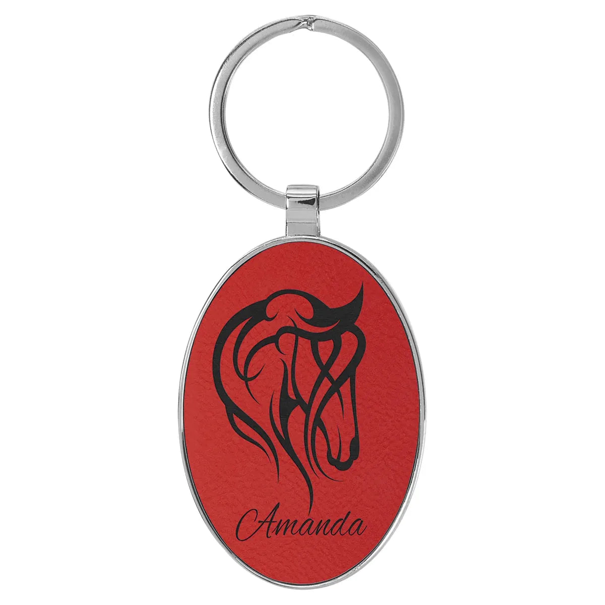 Red 3" x 1 3/4" Laserable Leatherette/Metal Oval Keychain