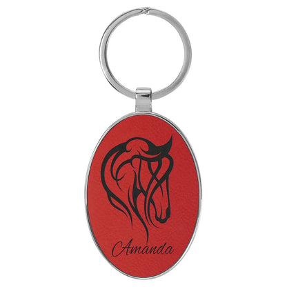Red 3" x 1 3/4" Laserable Leatherette/Metal Oval Keychain