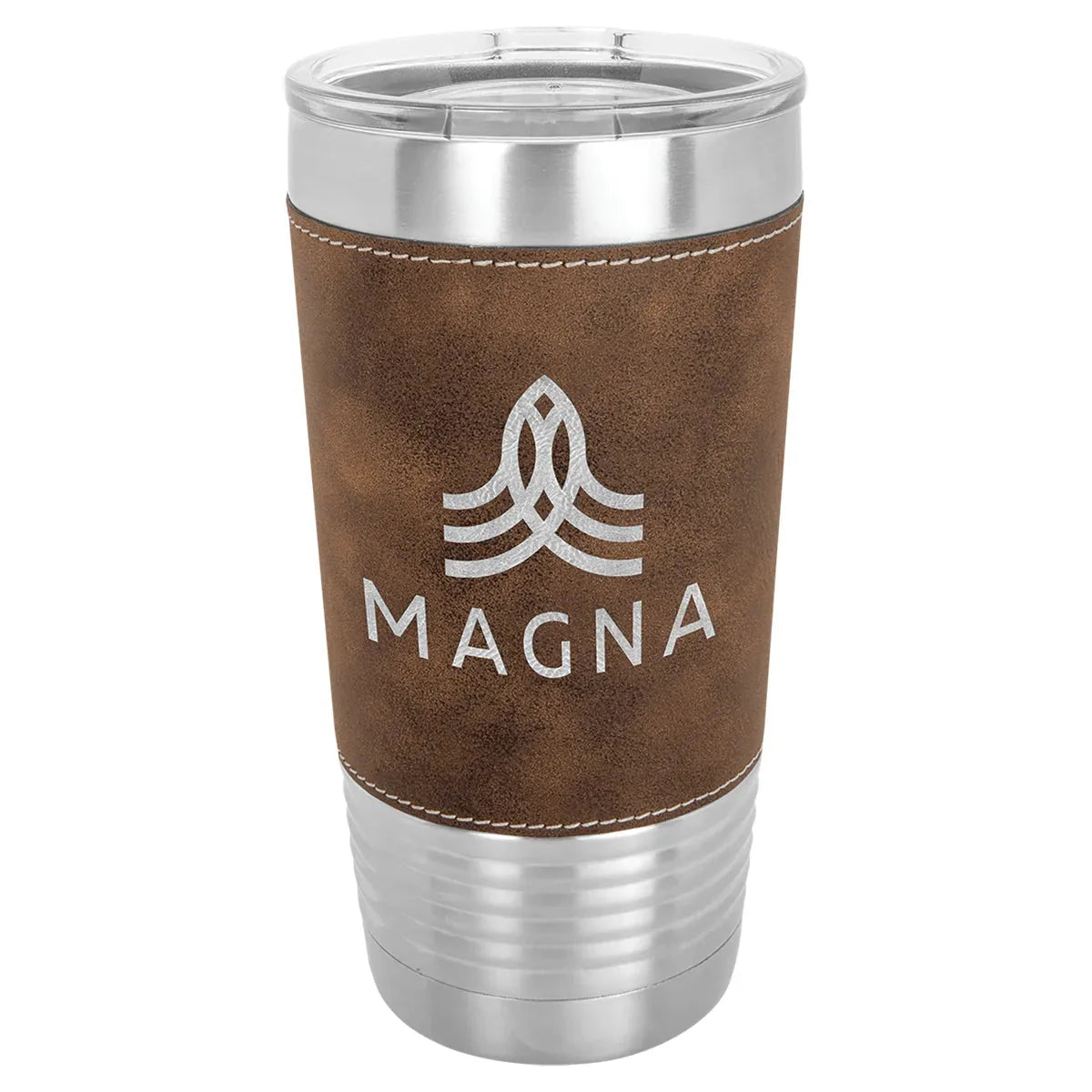 Rustic/Silver Polar Camel 20 oz. Laserable Leatherette Tumbler with Clear Lid