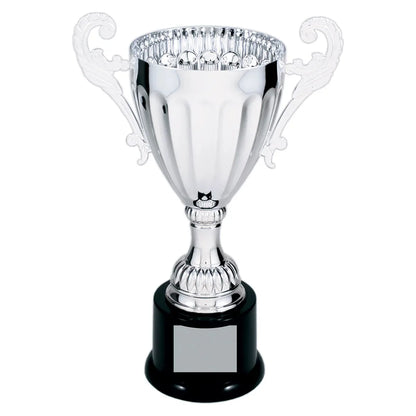 Silver 9 3/4" Completed Metal Cup Trophy on Plastic Base