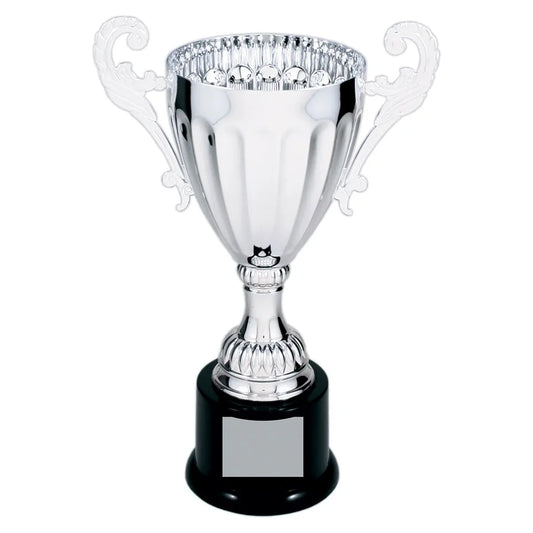Silver 9 3/4" Completed Metal Cup Trophy on Plastic Base