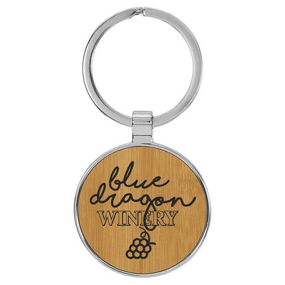 Bamboo 1 1/2" Laserable Leatherette/Metal Round Keychain