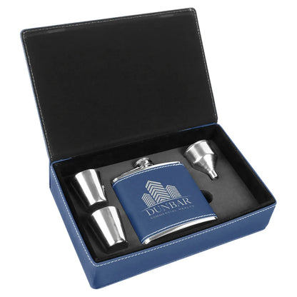 Blue/Silver 6 oz. Laserable Leatherette Flask Gift Set