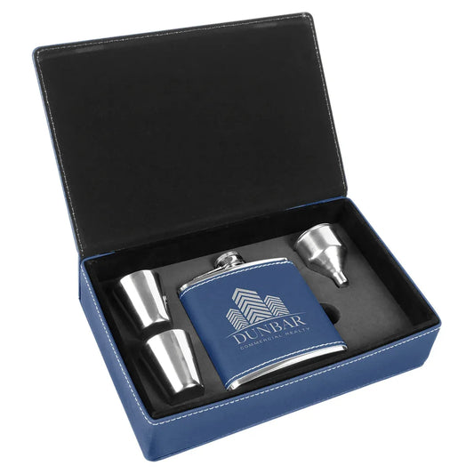 Blue/Silver 6 oz. Laserable Leatherette Flask Gift Set