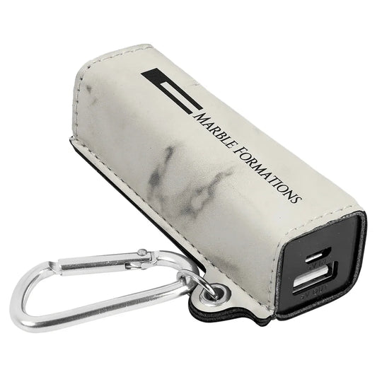 White Marble Laserable Leatherette 2200 mAh Power Bank with USB Cord
