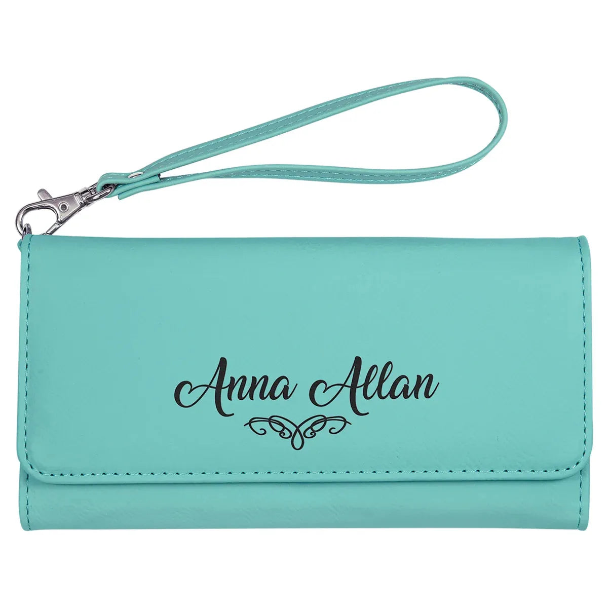 Teal 7 1/2" x 4" Laserable Leatherette Wallet with Strap