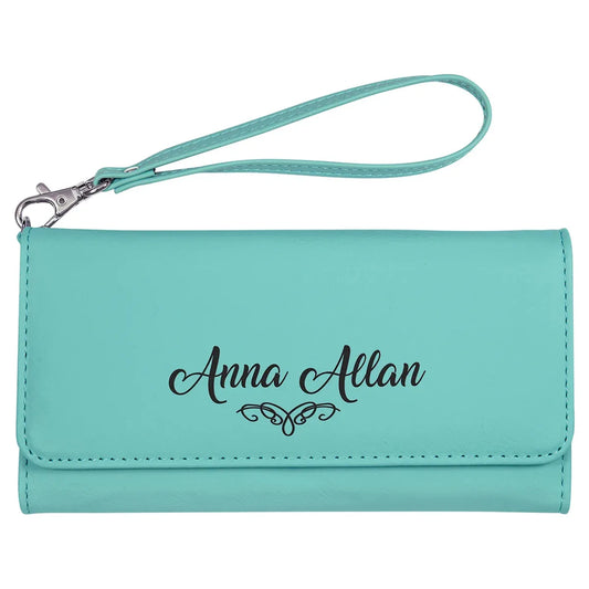 Teal 7 1/2" x 4" Laserable Leatherette Wallet with Strap