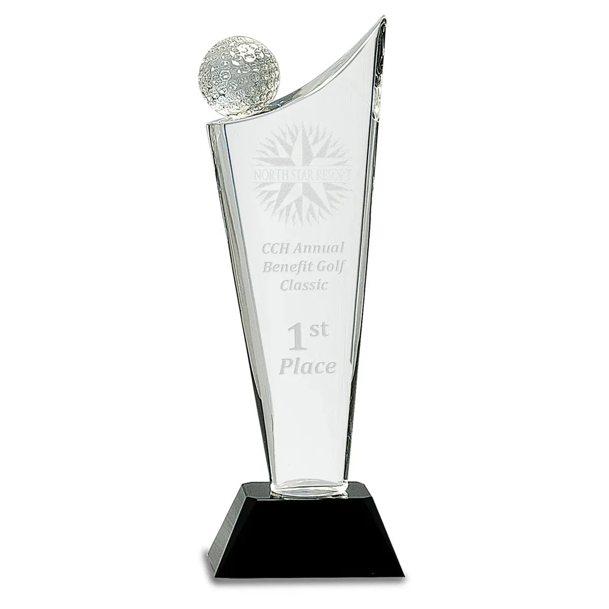 Custom Clear Crystal Golf Wave on Black Pedestal Base (10 3/4") — Laser Engraved Crystal Award