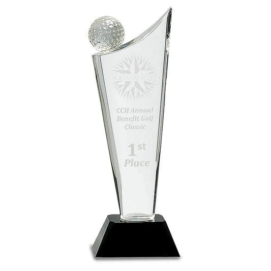 Custom Clear Crystal Golf Wave on Black Pedestal Base (10 3/4") — Laser Engraved Crystal Award