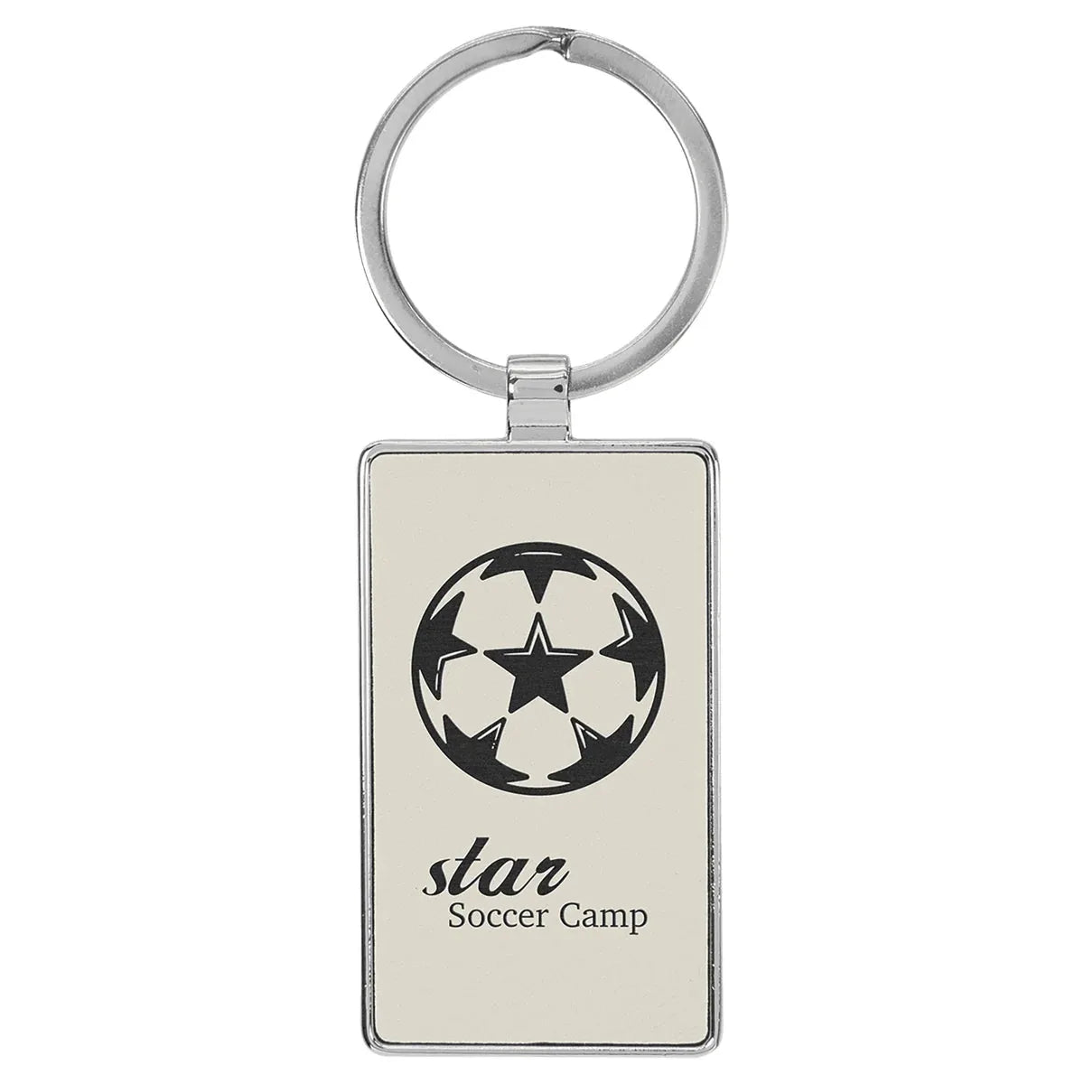 White 2 3/4" x 1 1/4" Laserable Leatherette/Metal Rectangle Keychain