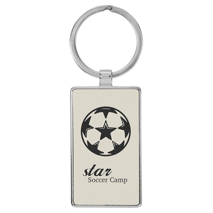 White 2 3/4" x 1 1/4" Laserable Leatherette/Metal Rectangle Keychain