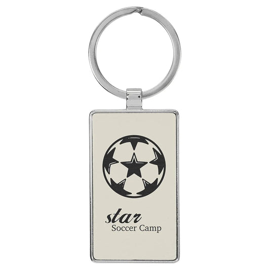White 2 3/4" x 1 1/4" Laserable Leatherette/Metal Rectangle Keychain