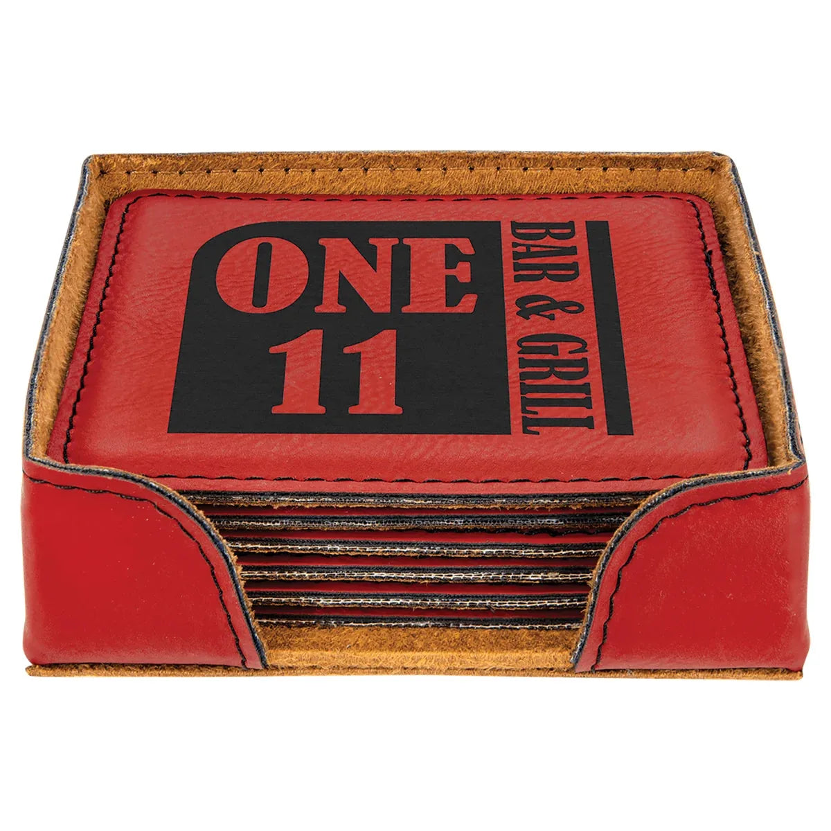 4" x 4" Red Square Laserable Leatherette 6-Coaster Set with Holder