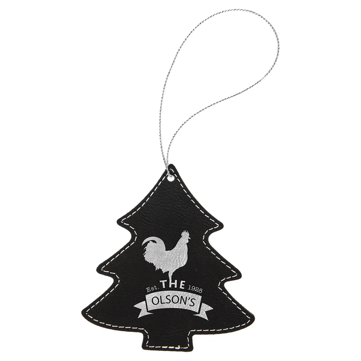 Black/Silver Laserable Leatherette Tree Ornament with Silver String