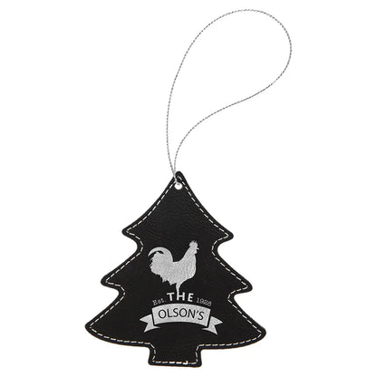 Black/Silver Laserable Leatherette Tree Ornament with Silver String