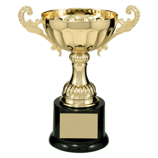 Gold 7 1/2" Completed Metal Cup Trophy on Plastic Base