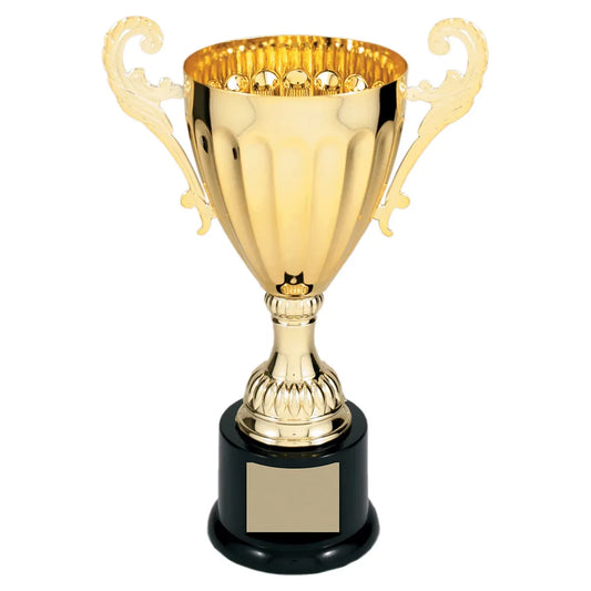 Gold 9 3/4" Completed Metal Cup Trophy on Plastic Base