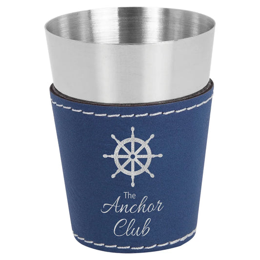 Blue/Silver Laserable Leatherette & Stainless Steel 2 oz. Shot Glass