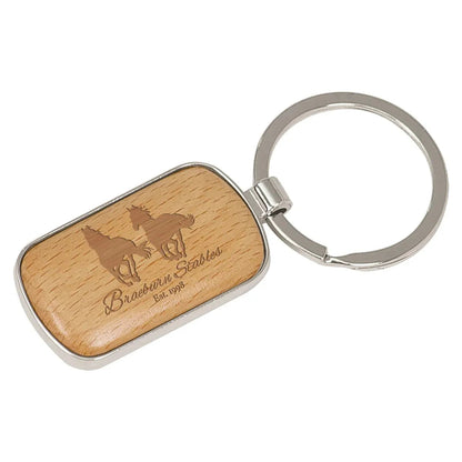 Custom Silver/Wood Laserable Rounded Corner Rectangle Keychain (1" x 1 3/4") — Engraved Keychain | Personalized
