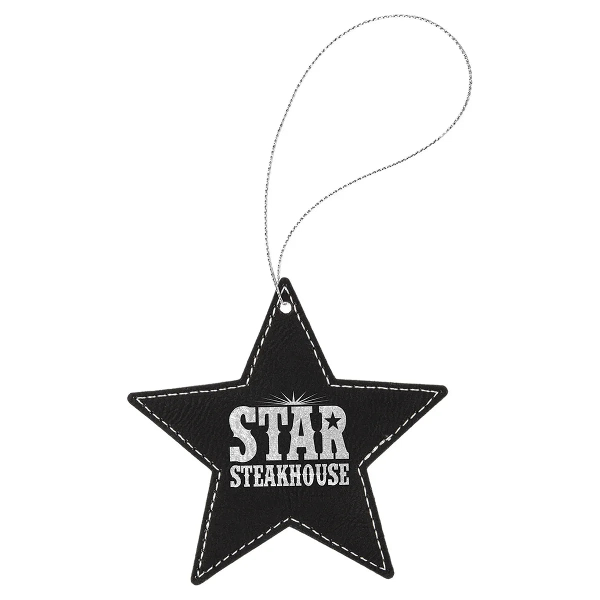 Black/Silver Laserable Leatherette Star Ornament with Silver String