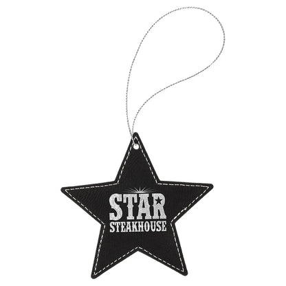 Black/Silver Laserable Leatherette Star Ornament with Silver String