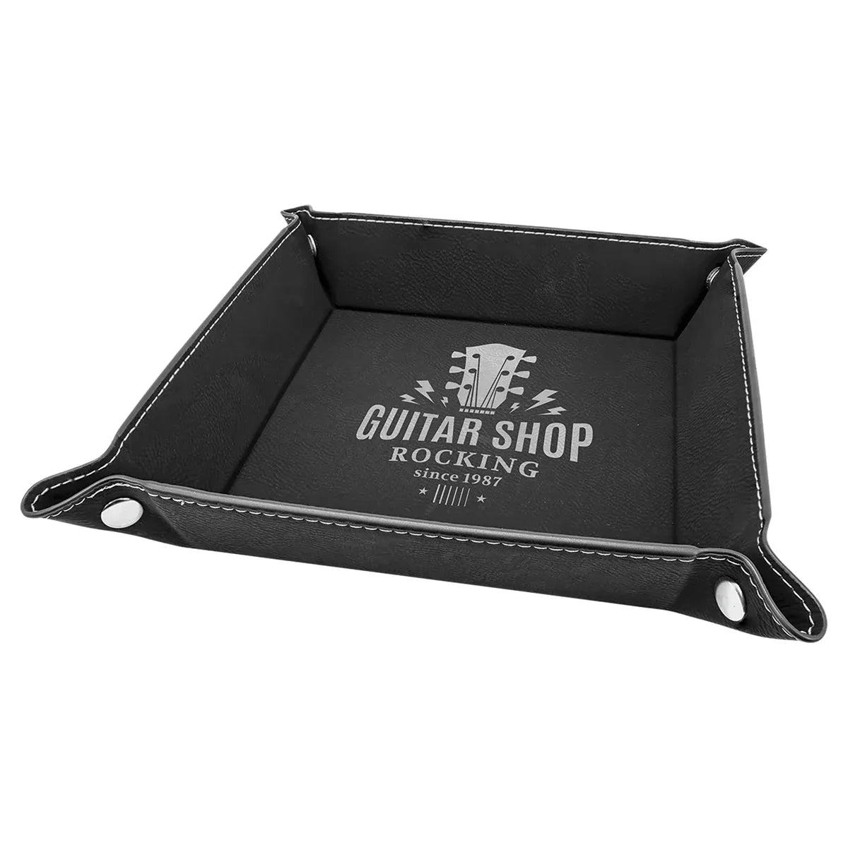 Black/Silver Laserable Leatherette Snap Up Tray with Silver 6" x 6" Snaps