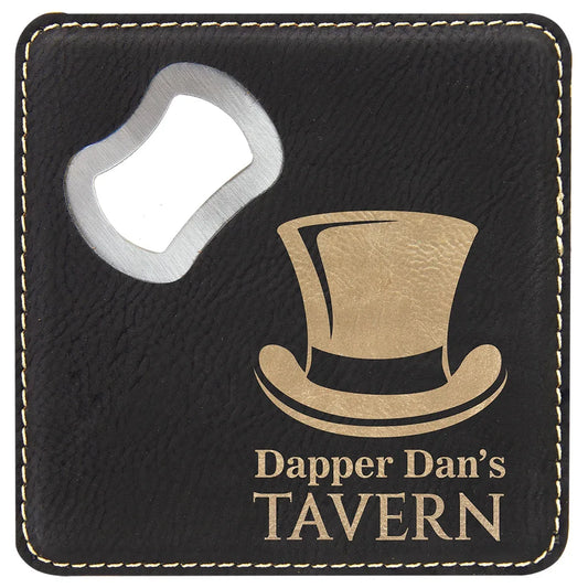 Black/Gold 4" x 4" Square Laserable Leatherette Coaster with Bottle Opener