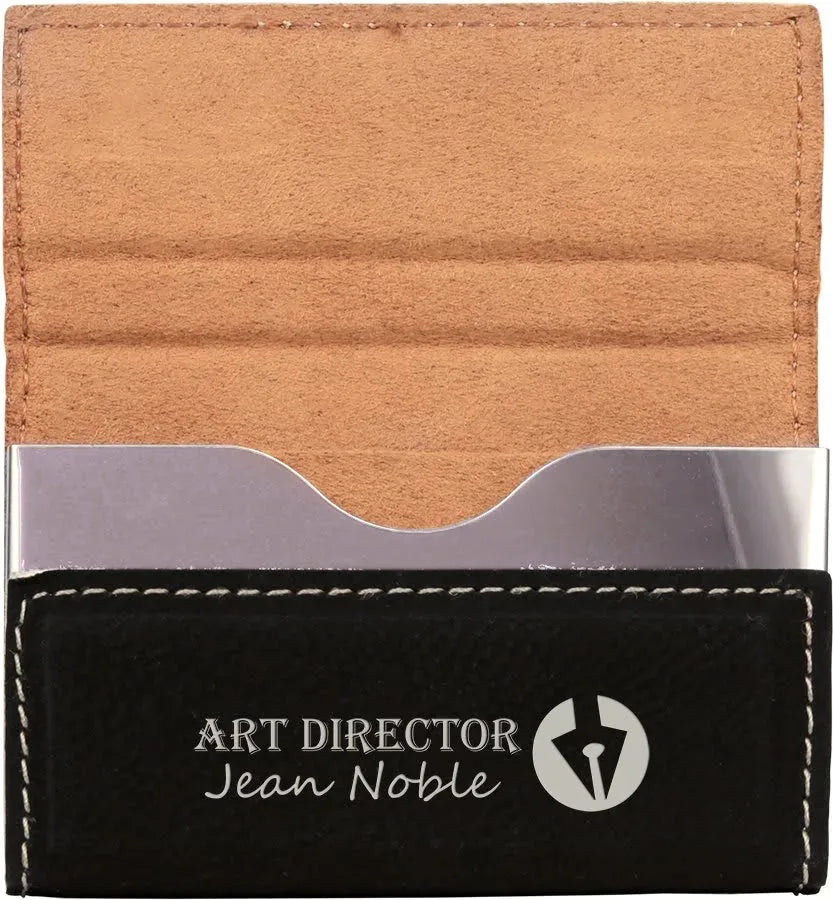 Black/Silver 3 3/4" x 2 3/4" Laserable Leatherette Hard Business Card Holder