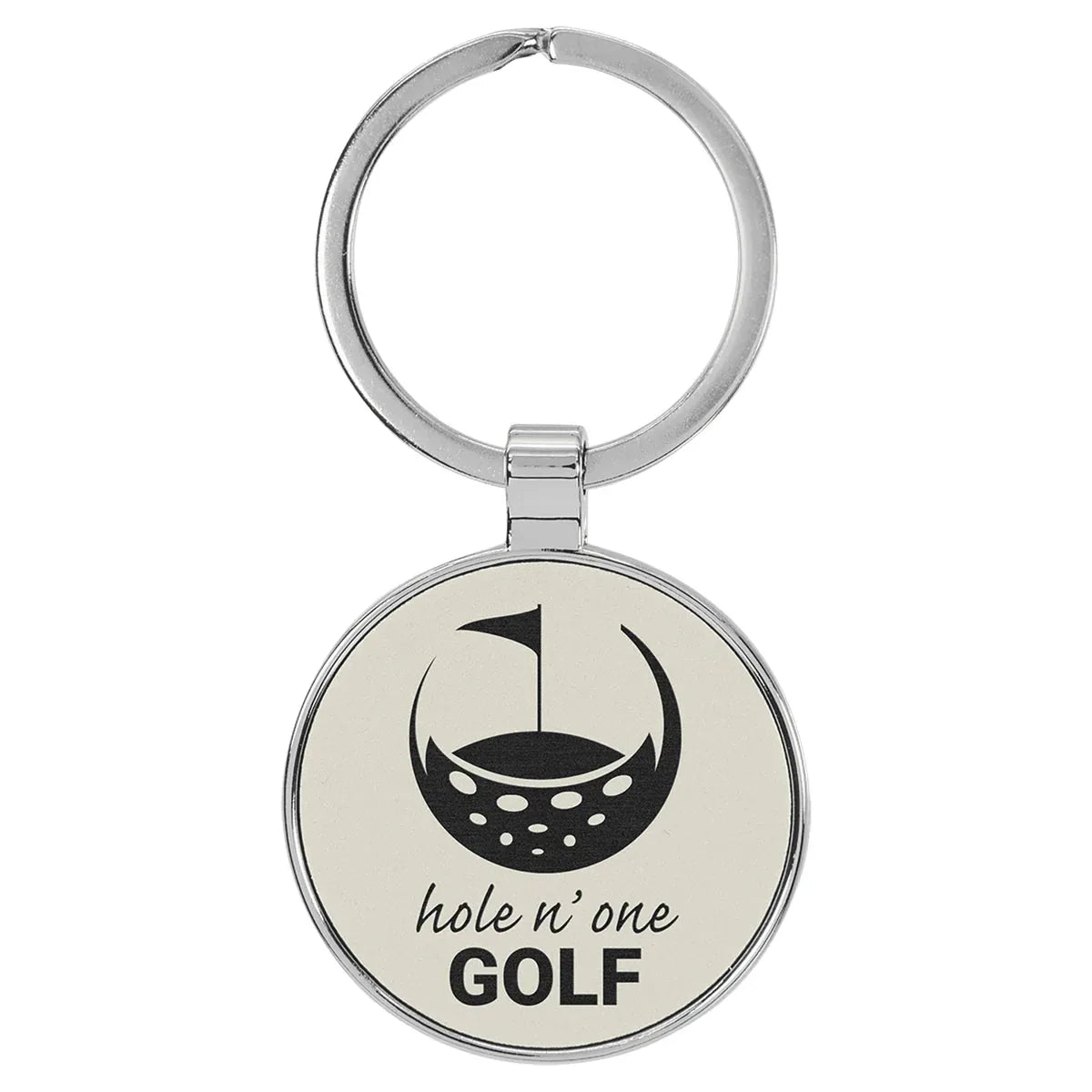 White 1 1/2" Laserable Leatherette/Metal Round Keychain