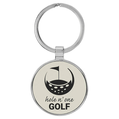 White 1 1/2" Laserable Leatherette/Metal Round Keychain