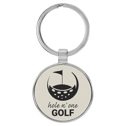 White 1 1/2" Laserable Leatherette/Metal Round Keychain