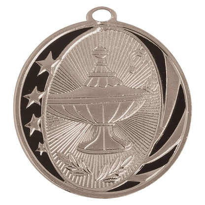 Bright Silver 2" Lamp of Knowledge Laserable MidNite Star Medal