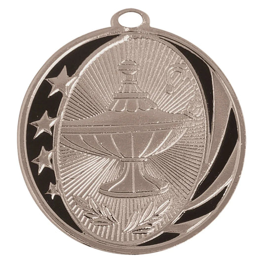 Bright Silver 2" Lamp of Knowledge Laserable MidNite Star Medal