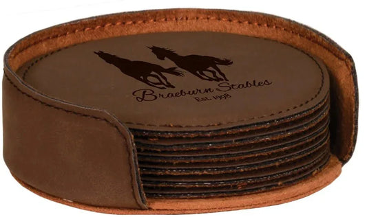 Dark Brown 4" Round Laserable Leatherette 6-Coaster Set